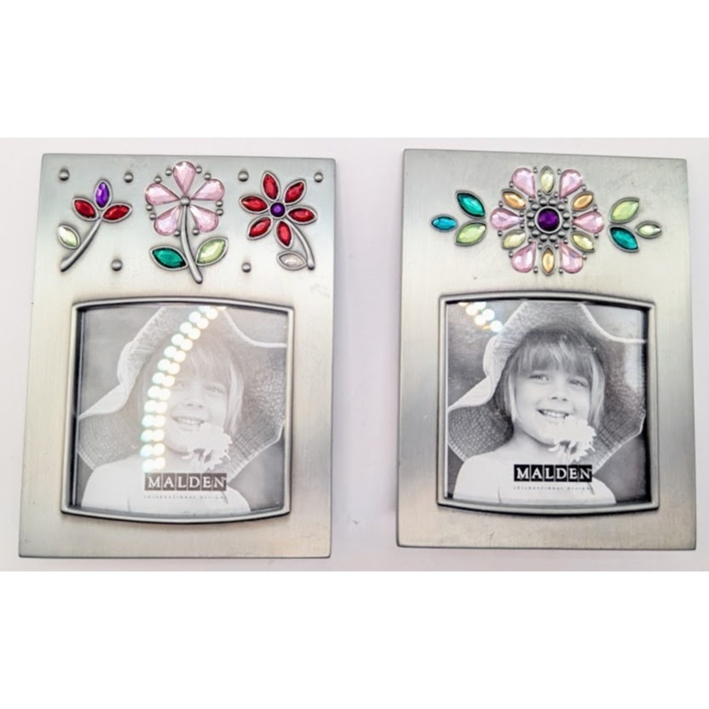 Malden Pair Brushed Pewter Metal Jeweled Flower Miniature Frames Lot of 2